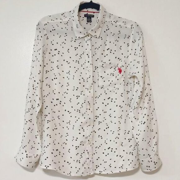 U.S.Polo Assn.Women’s White Shirt with Black Print & Logo Embroidery, 100%Rayon - Picture 1 of 10
